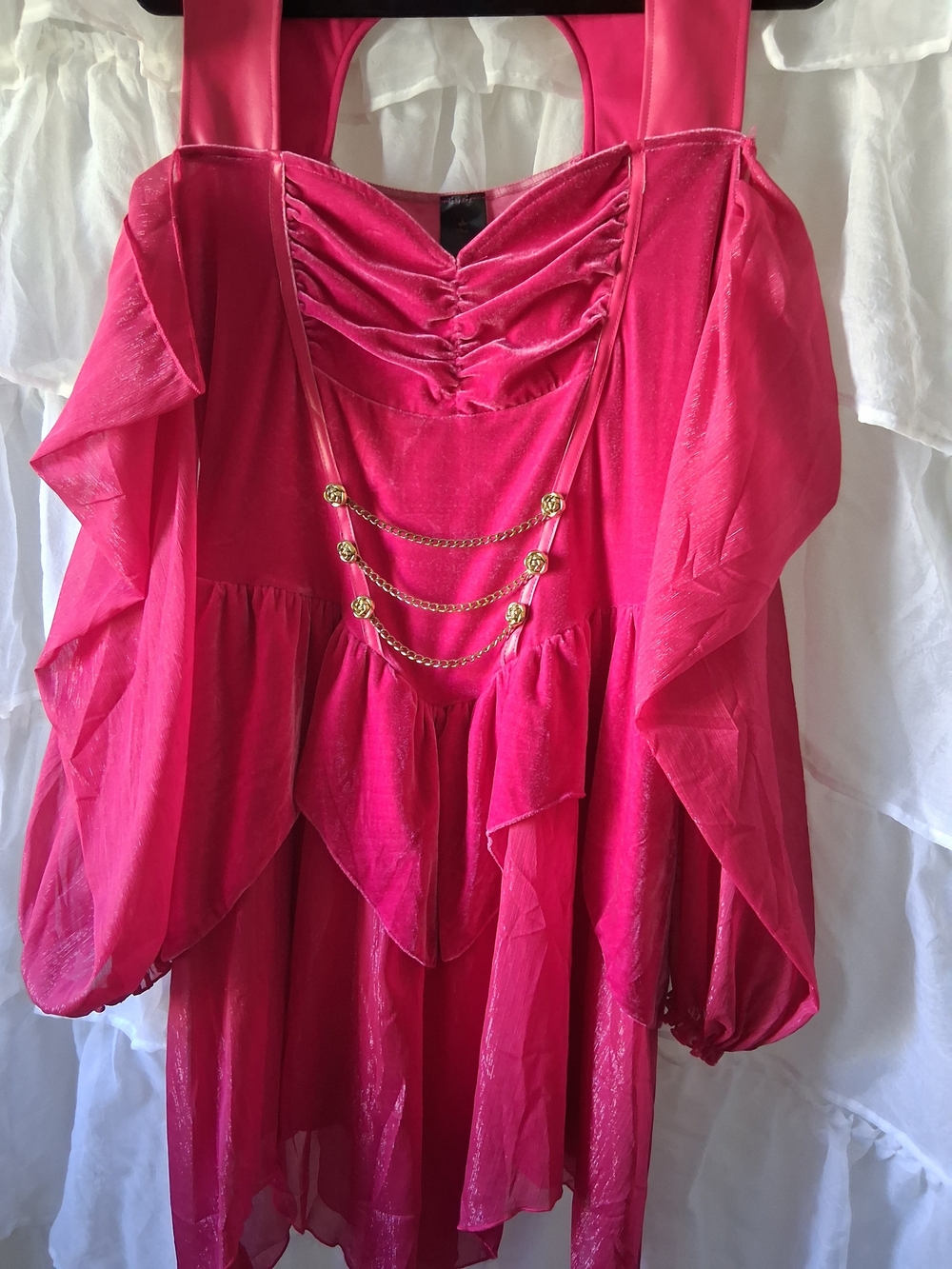 Disney Hot Pink Off-Shoulder Ruffle Tunic with Gold Chain Detail
